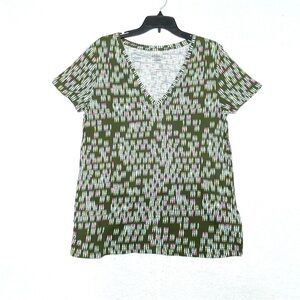 Merona T-Shirt Women's XXL Green Abstract Triangle Pattern V-Neck Short Sleeve